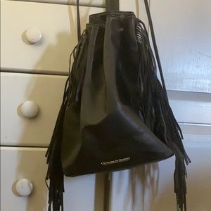 Black leather fringe back pack
